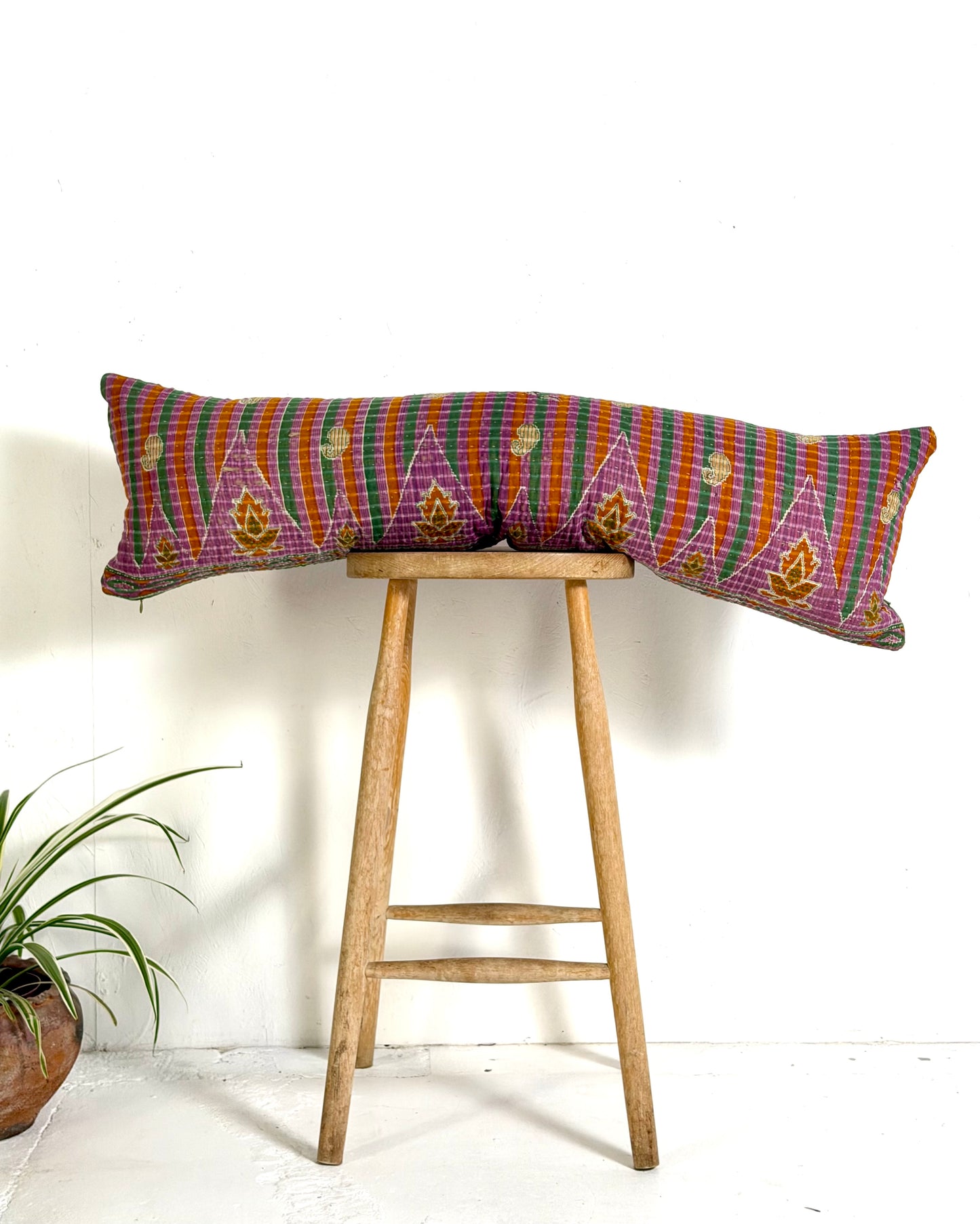 Vintage Kantha Bolster Cushion Cover In Green and Purple 30 x 100cm