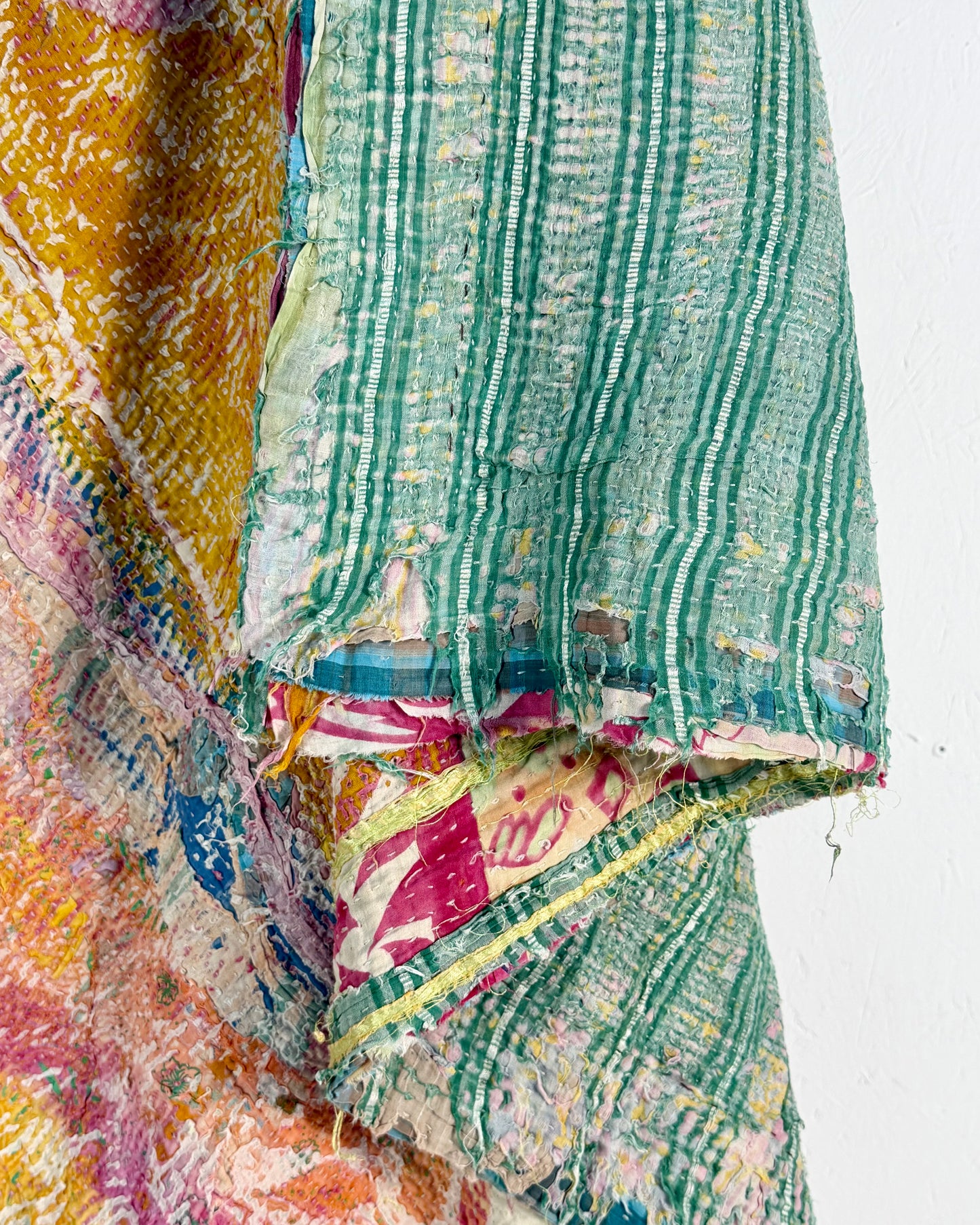 Textured Vintage Kantha Quilt In Pink and Yellow