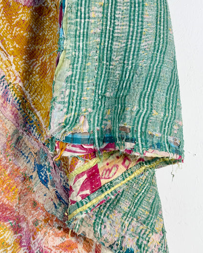 Textured Vintage Kantha Quilt In Pink and Yellow