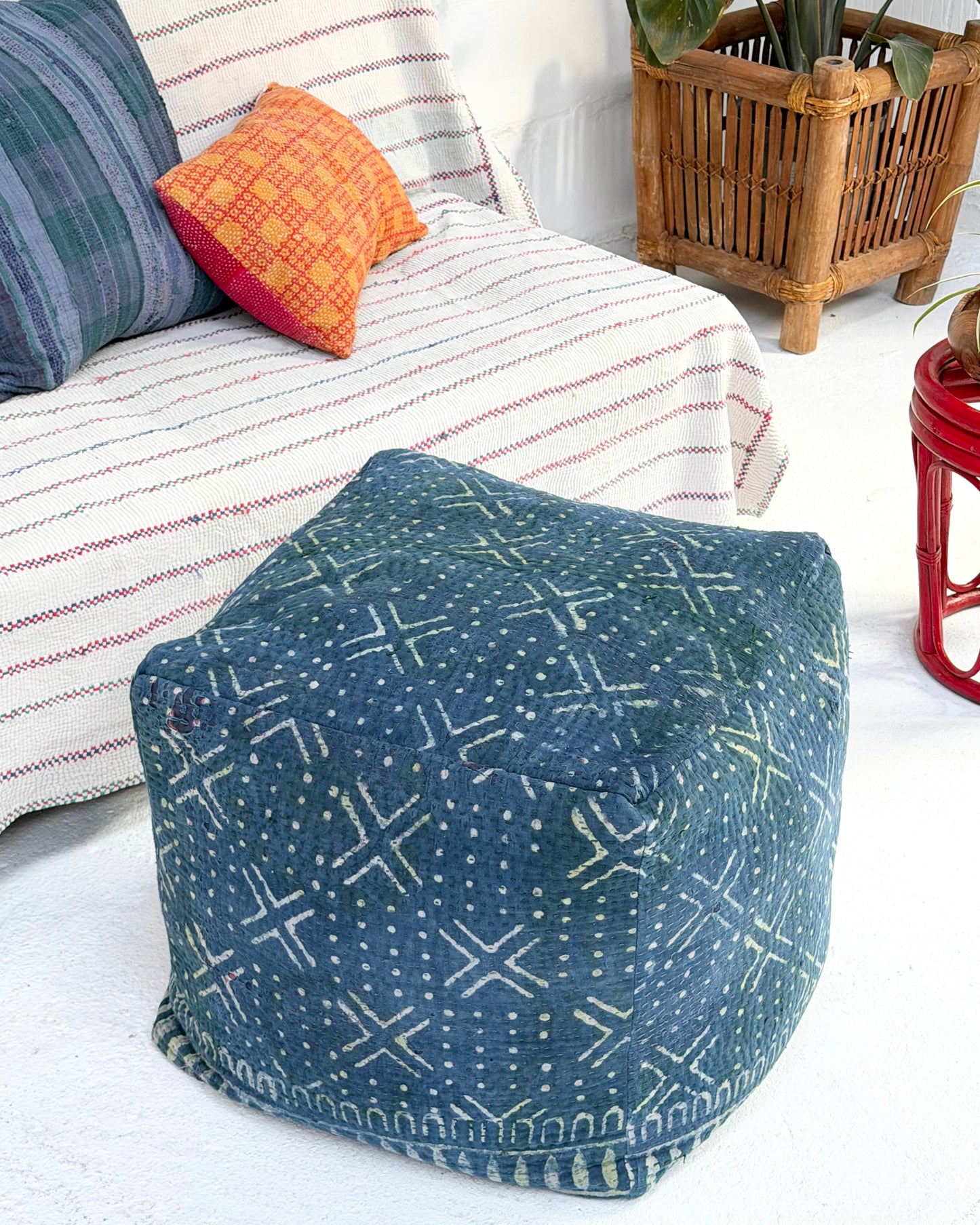 Cube Kantha Pouf Cushion Cover With Indigo Block Print