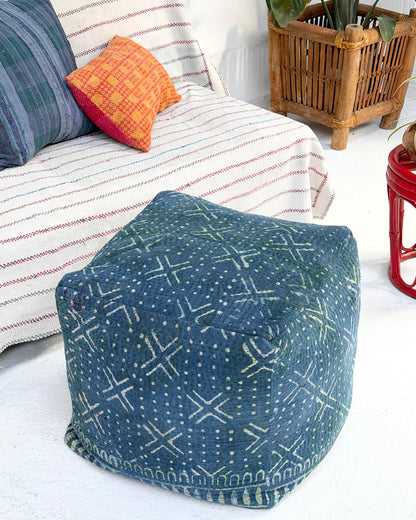 Cube Kantha Pouf Cushion Cover With Indigo Block Print
