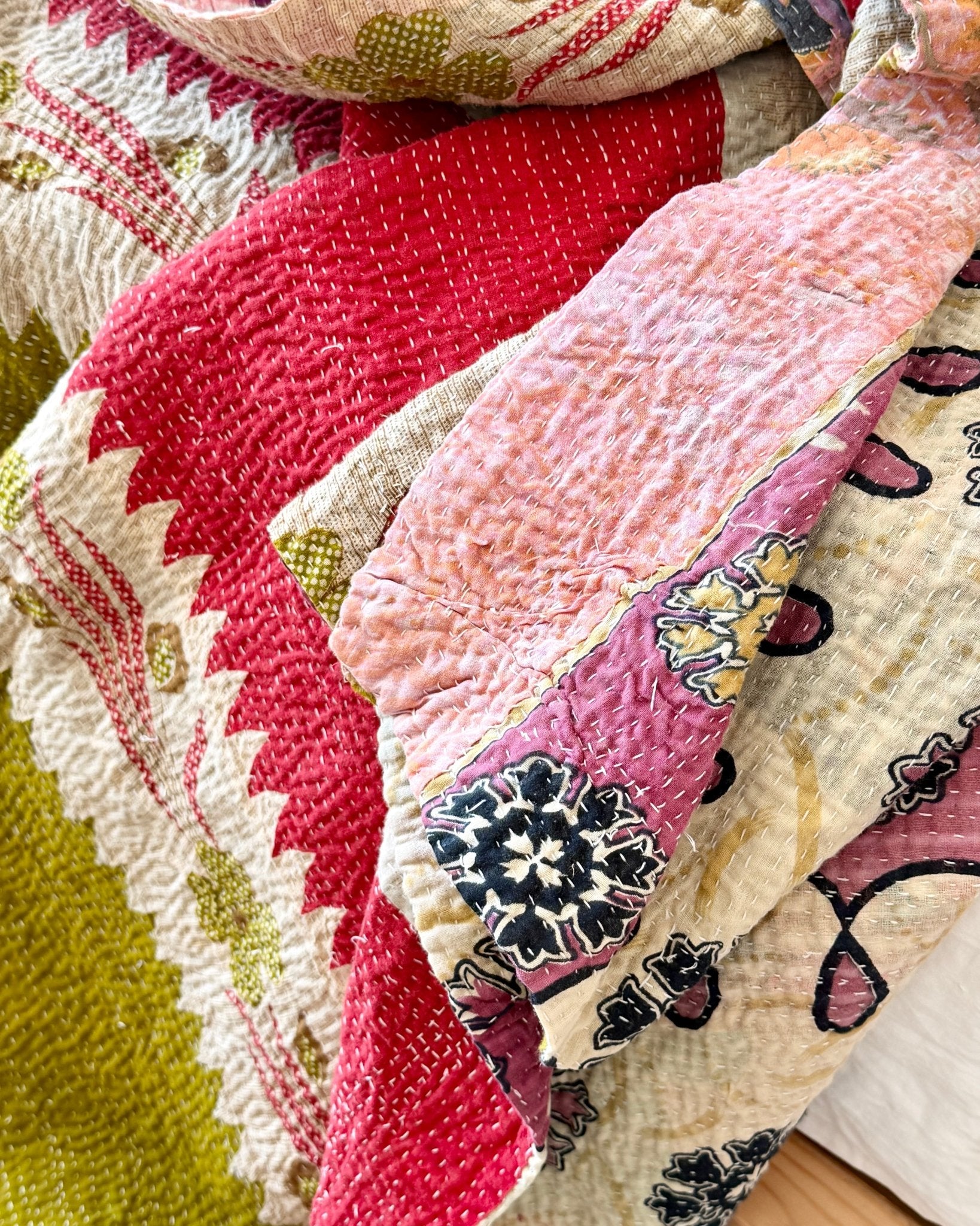 Large Fine Stitched Vintage Kantha Quilt in Pink, Green and Purple Florals - Biggs & Hill