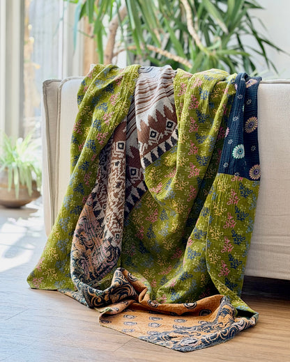 Extra Large Fine Stitched Vintage Kantha Quilt in Vibrant Green and Blue