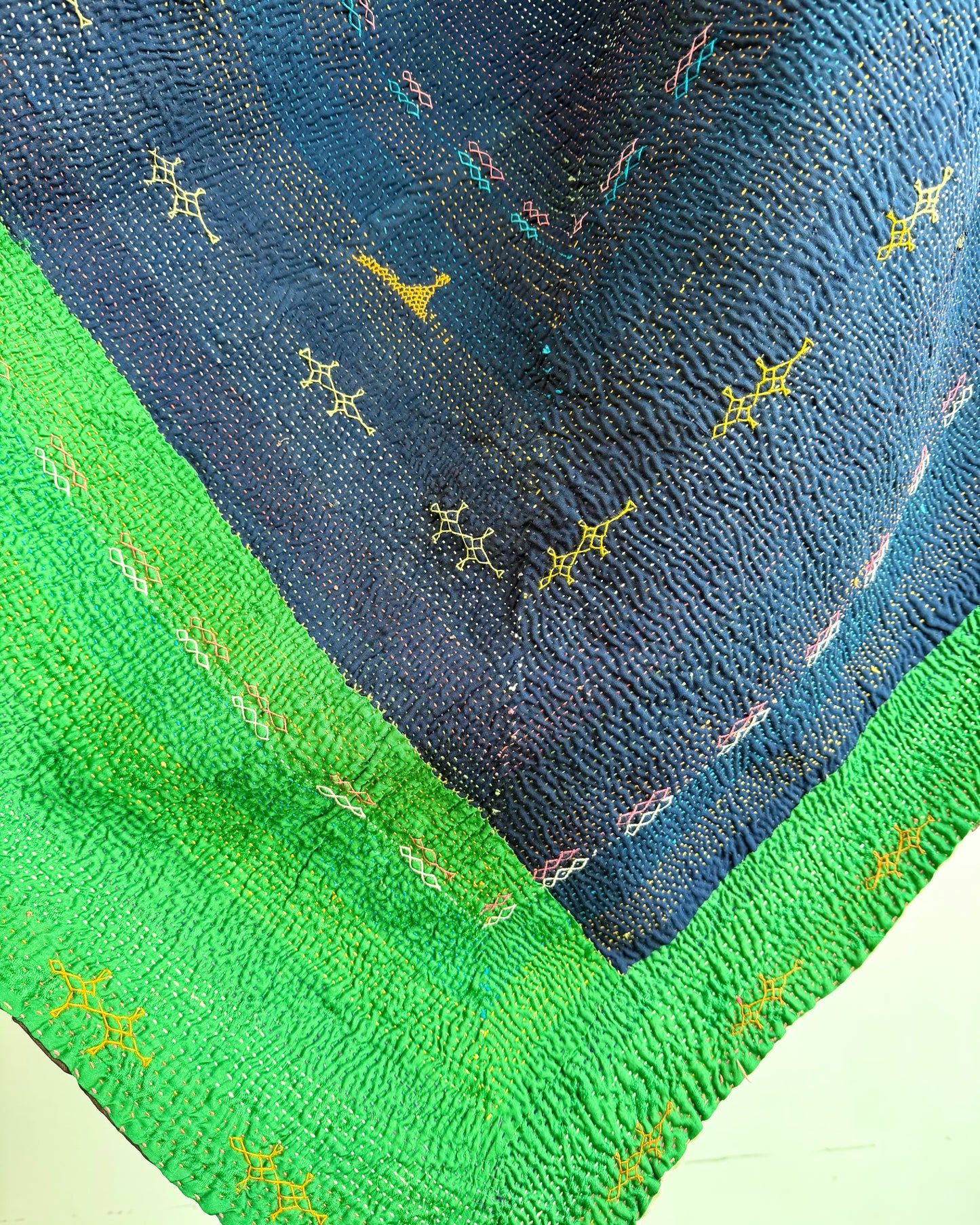 Vintage Embroidered Saami Ralli Quilt in Dark Blue, Green With Brown Colour Block Reverse