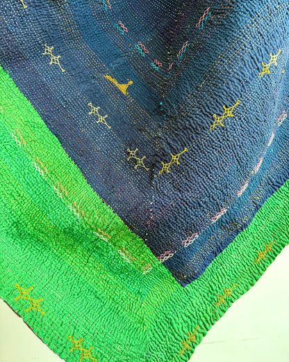 Vintage Embroidered Saami Ralli Quilt in Dark Blue, Green With Brown Colour Block Reverse
