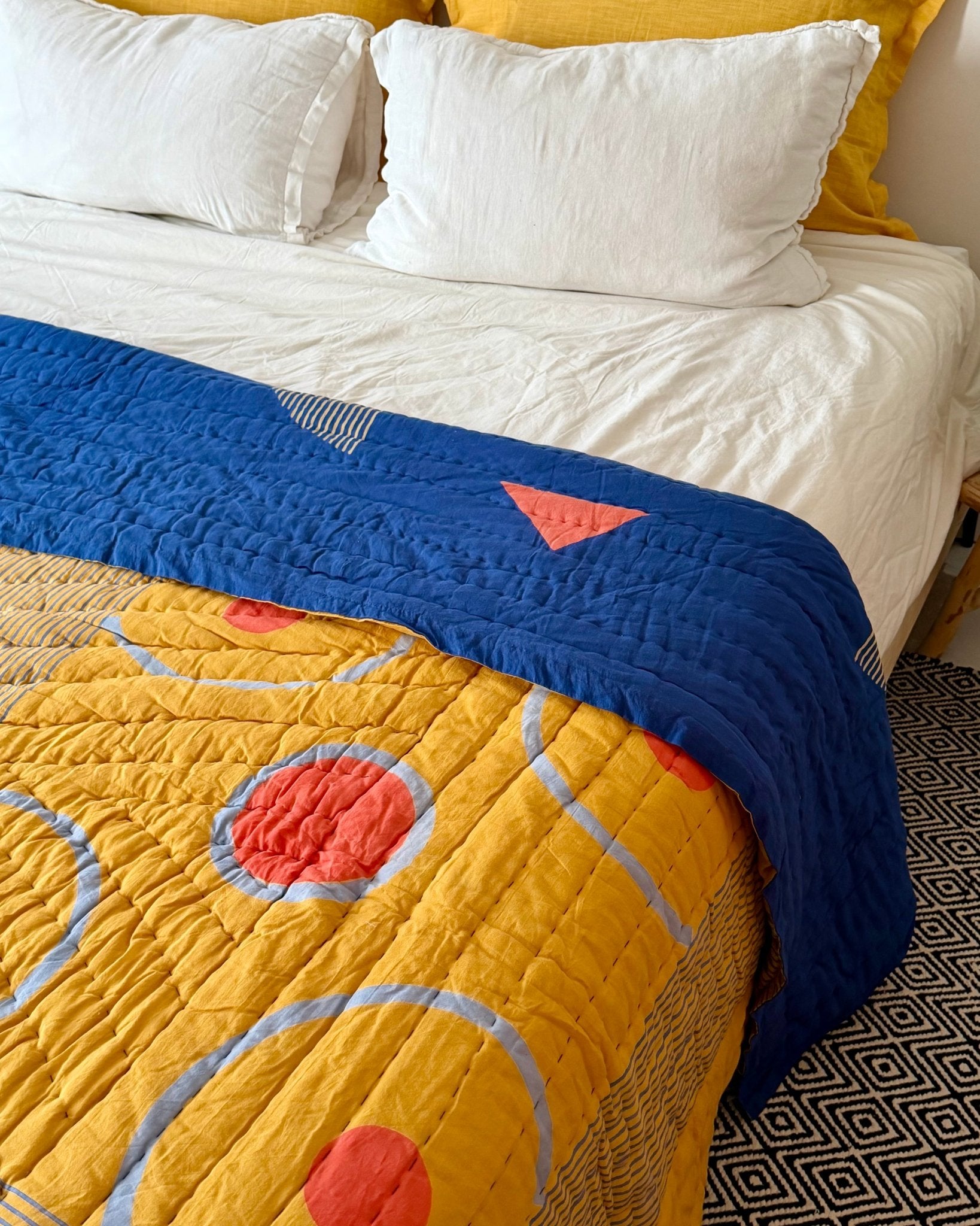 Quilted Kantha In Blue and Yellow With Geometric Patterns - SUPER KING - Biggs & Hill