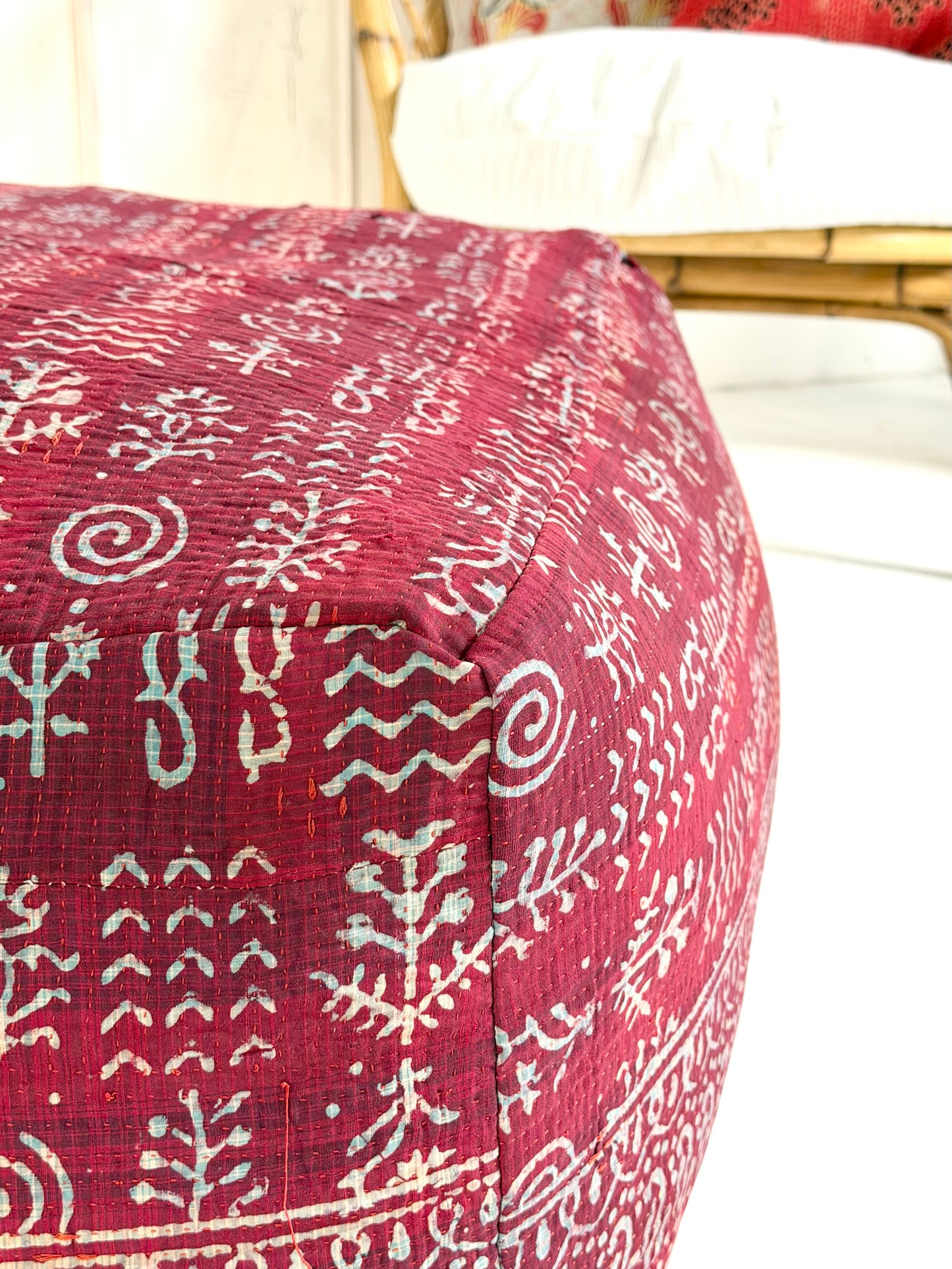 Extra Large Square Pouf Cushion Cover in Dark Red Block Print
