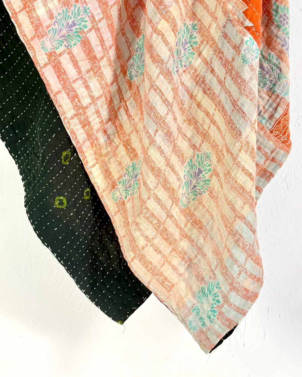 Vintage Cotton Kantha Quilt In Peach and Black 01 - Biggs & Hill