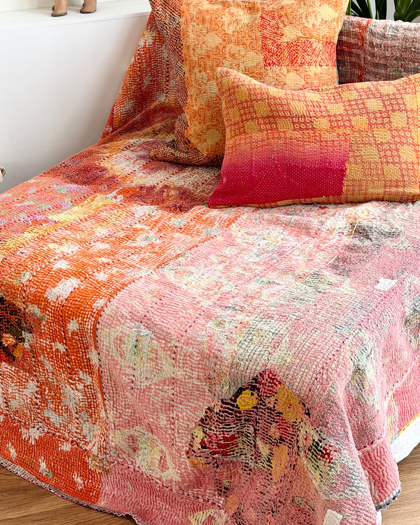 Vintage Kantha Quilt in Pink, Orange and Blue