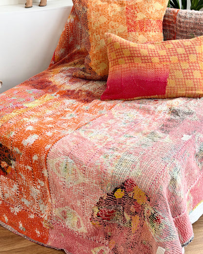 Vintage Kantha Quilt in Pink, Orange and Blue