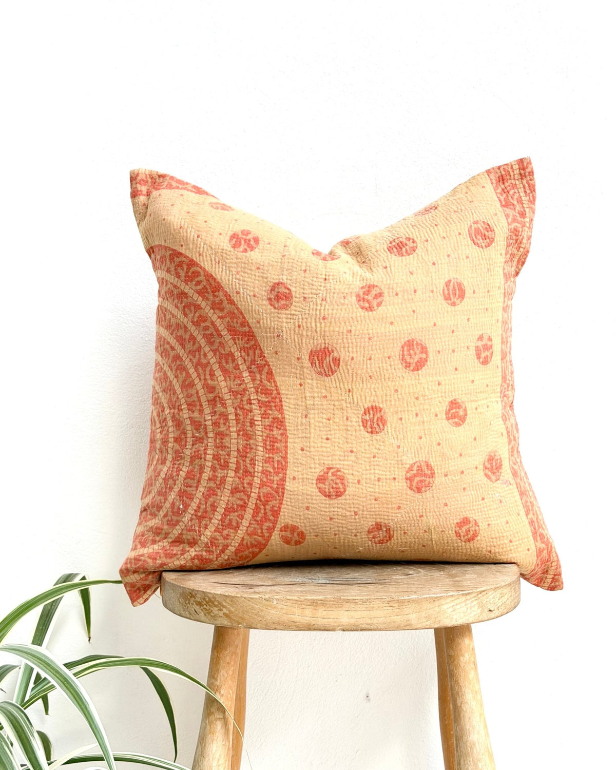 Handmade Vintage Kantha Cushion Cover In Beige and Orange- 45cm (18") Square - Biggs & Hill