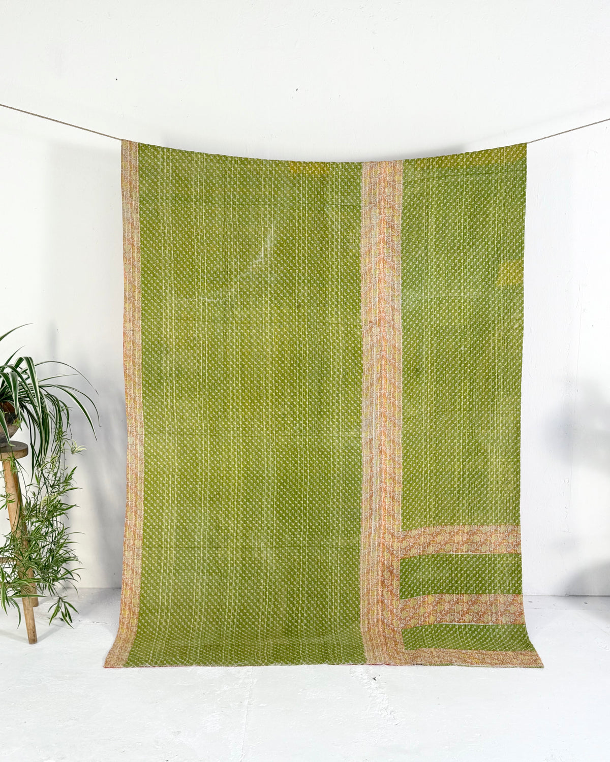 Extra Large Fine Stitched Vintage Kantha Quilt in Pink Stripes and Green