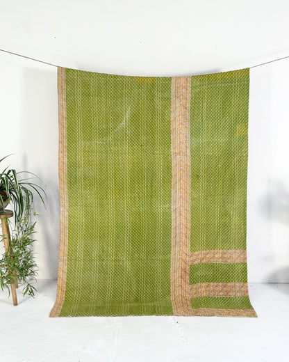 Extra Large Fine Stitched Vintage Kantha Quilt in Pink Stripes and Green