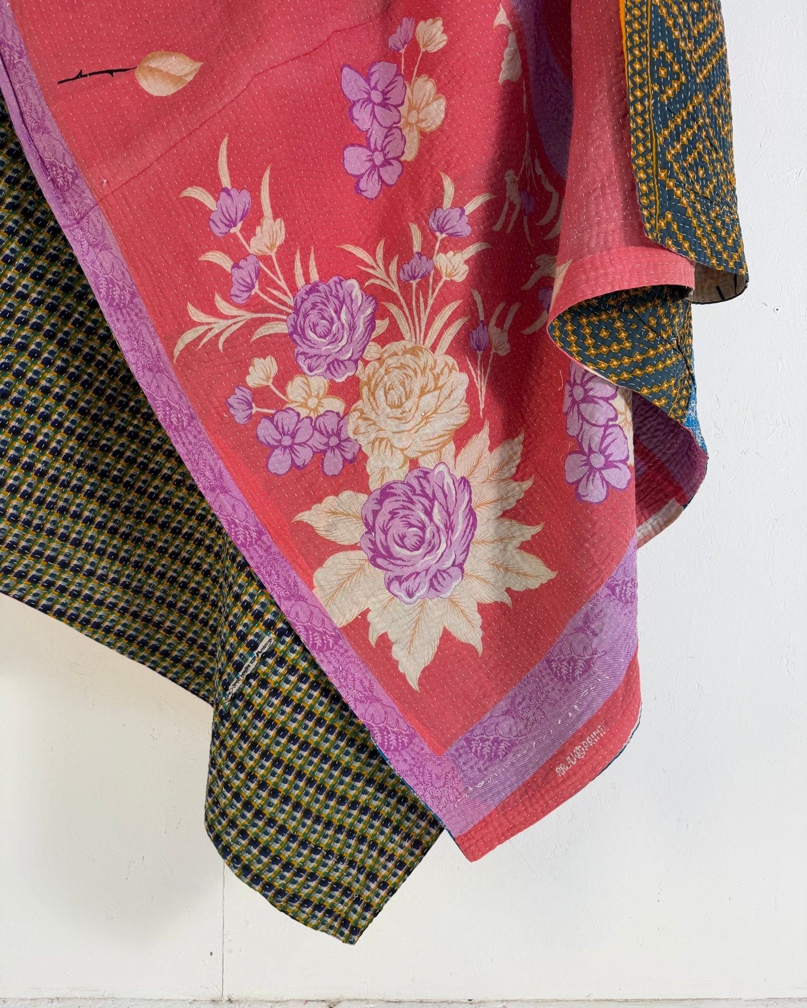 Extra Large Fine Stitched Vintage Kantha Quilt in Pink Floral, Yellow and Blue - Biggs & Hill