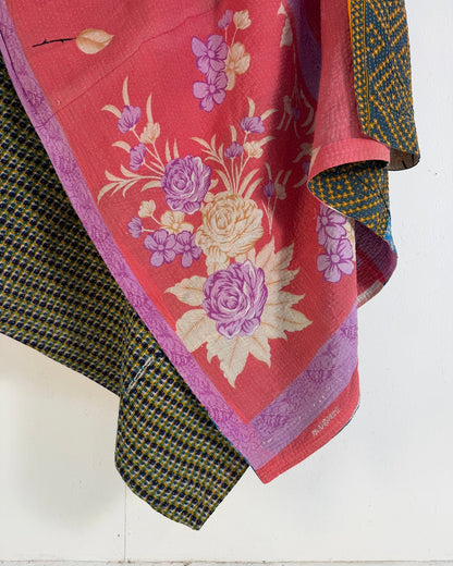 Extra Large Fine Stitched Vintage Kantha Quilt in Pink Floral, Yellow and Blue - Biggs & Hill