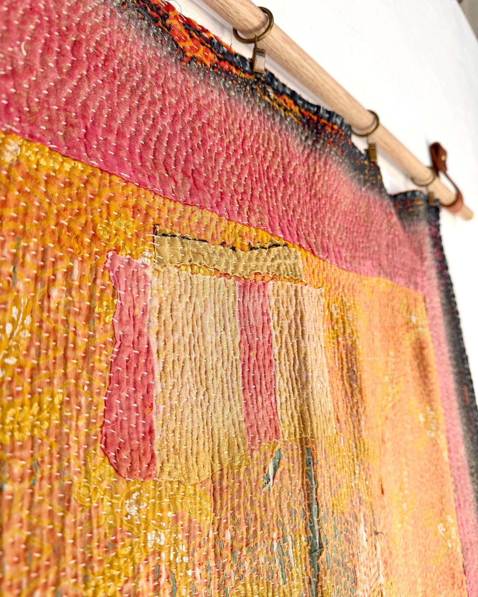 Large Textured Vintage Kantha Quilt In Yellow and Pink - Biggs & Hill