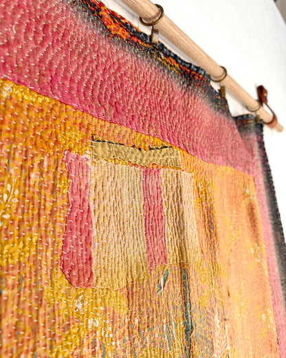Large Textured Vintage Kantha Quilt In Yellow and Pink - Biggs & Hill