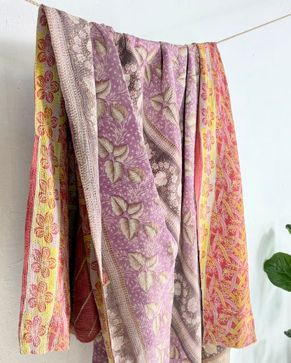 Large Fine Stitched Vintage Kantha Quilt in Pink, Orange and Lilac - Biggs & Hill