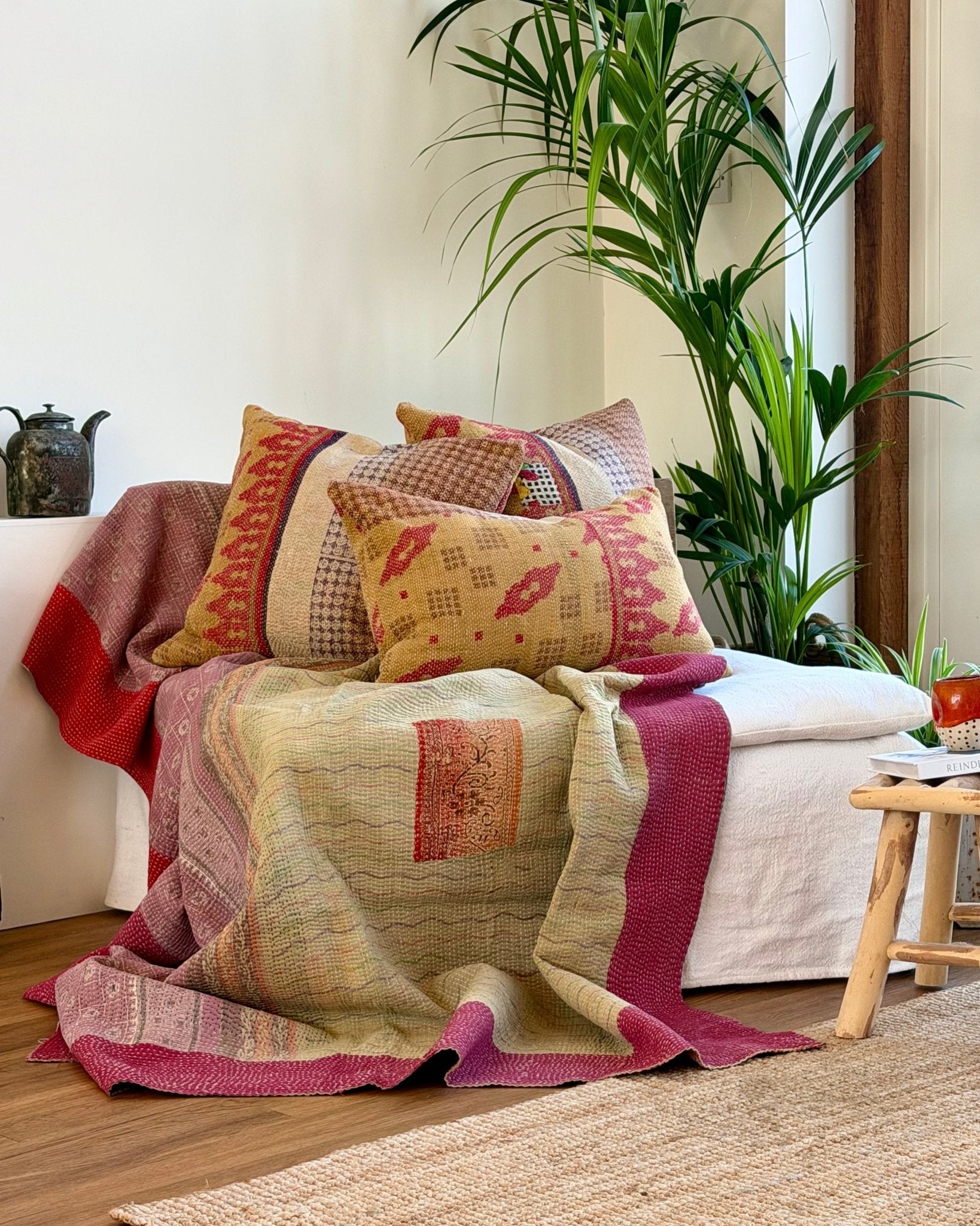 Handmade Vintage Kantha Cushion In Mustard Yellow And Red - Large Rectangular - Biggs & Hill