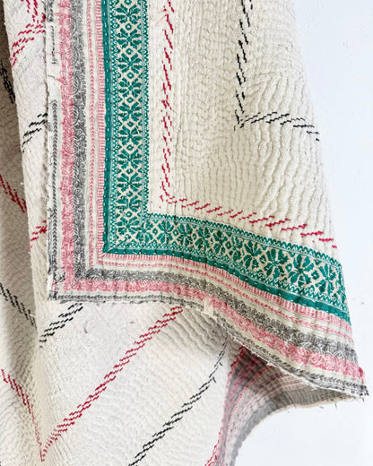 Heavy Fine Stitched Embroidered Vintage Kantha Quilt in White and Pink - Biggs & Hill