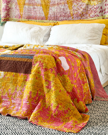 Extra Large Large Fine Stitched Vintage Kantha Quilt in Pink and Yellow