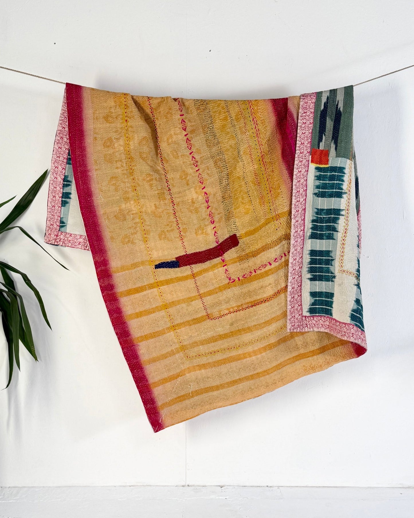 Heavy Fine Stitched Embroidered Vintage Kantha Quilt in Yellow, Pink and Blue - Biggs & Hill