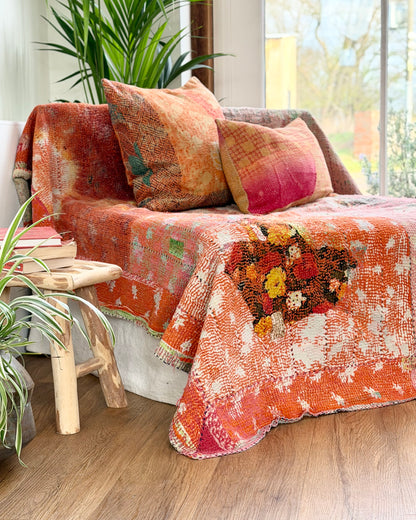 Vintage Kantha Quilt in Pink, Orange and Blue