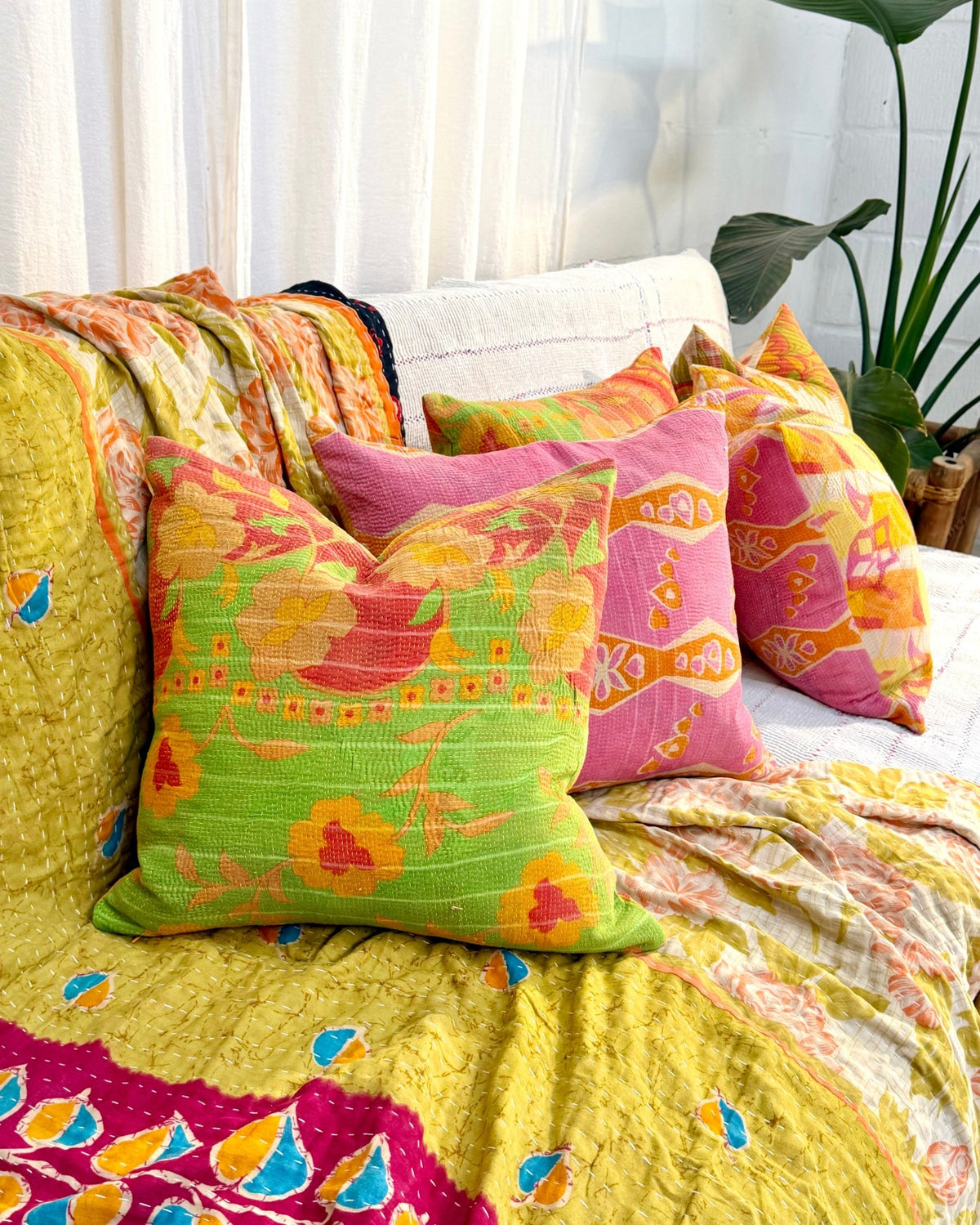 Handmade Reversible Vintage Kantha Cushion Cover In Green and Yellow - 45cm (18") - Biggs & Hill