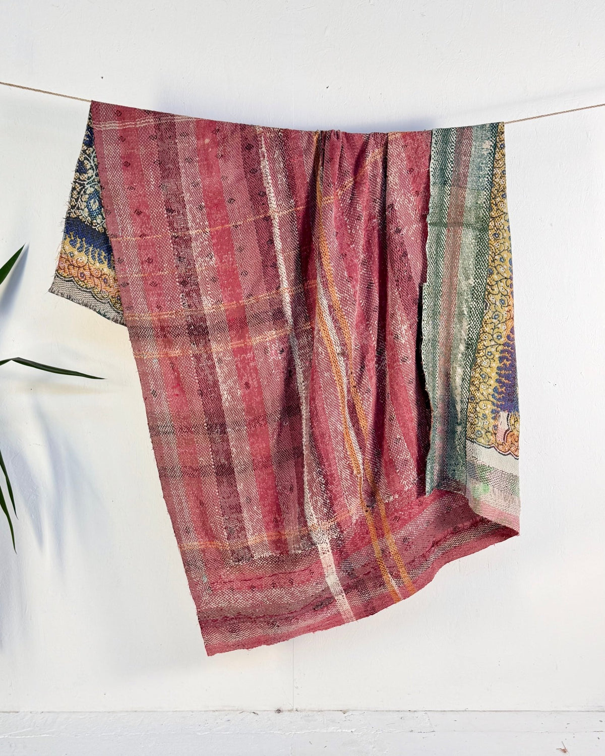 Large Textured Vintage Kantha Quilt In Pink Stripes and Moon Pattern - BED PICTURES - Biggs & Hill