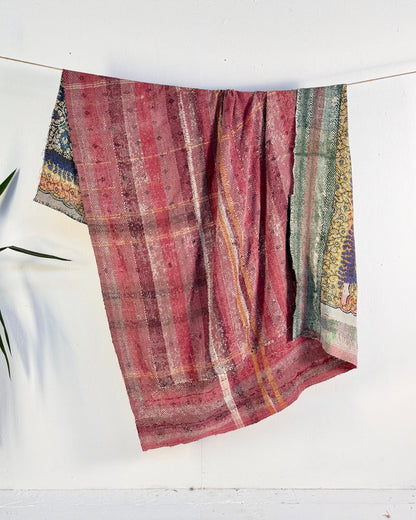 Large Textured Vintage Kantha Quilt In Pink Stripes and Moon Pattern - BED PICTURES - Biggs & Hill