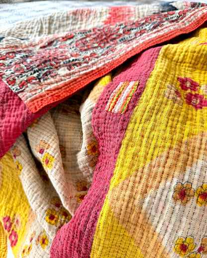 Extra Large Fine Stitched Vintage Kantha Quilt in Geometric Red and Yellow - Biggs & Hill