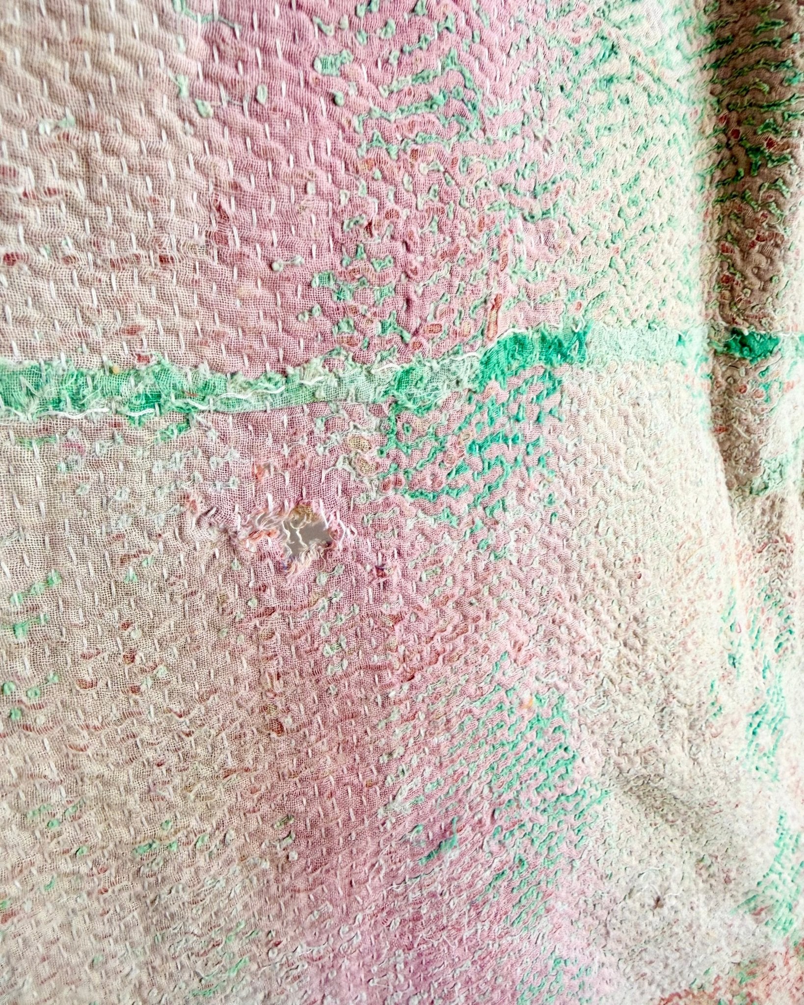 Project Kantha Quilt: Pink, Yellow and Green With Authentic Aged Texture - Biggs & Hill