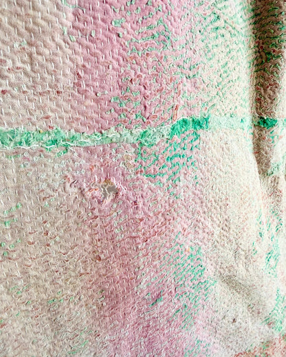 Project Kantha Quilt: Pink, Yellow and Green With Authentic Aged Texture - Biggs & Hill