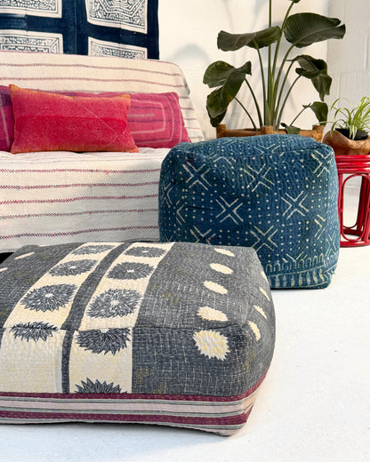 Cube Kantha Pouf Cushion Cover With Indigo Block Print