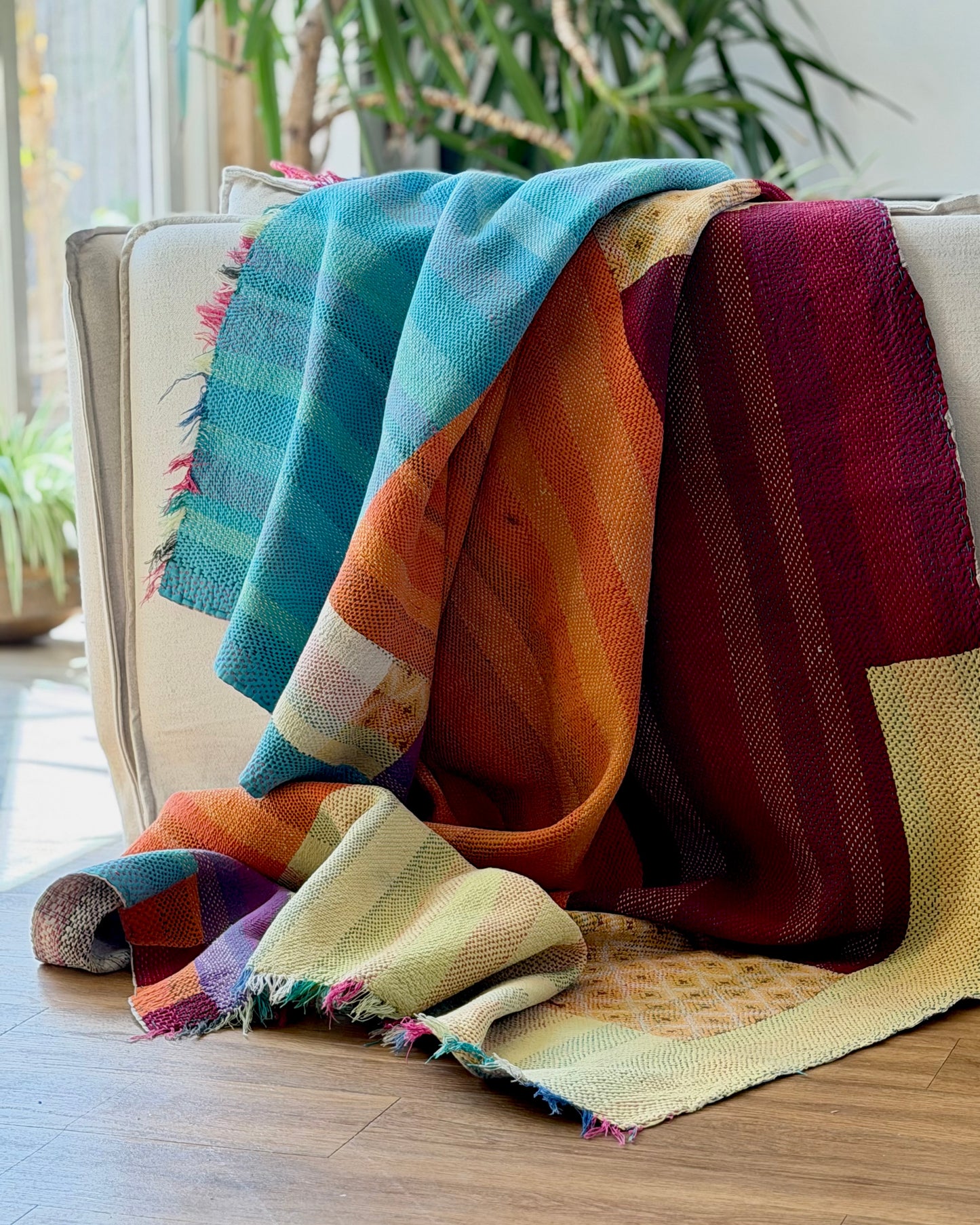 Large Heavy Kantha Blanket Quilt in Pink, Orange and Blue Colour Block