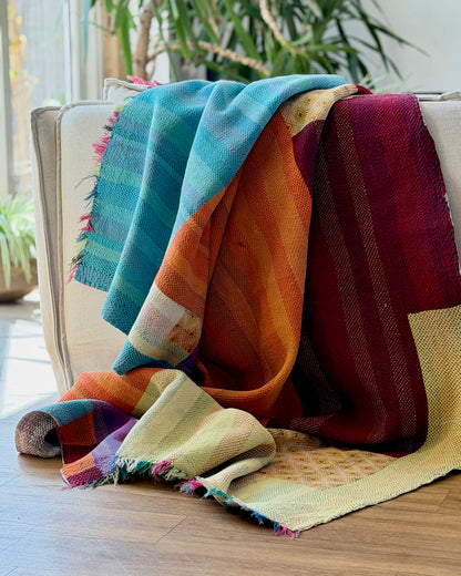 Large Heavy Kantha Blanket Quilt in Pink, Orange and Blue Colour Block