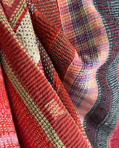 Heavy Kantha Blanket Quilt With Red Stripes And Green Back - Biggs & Hill