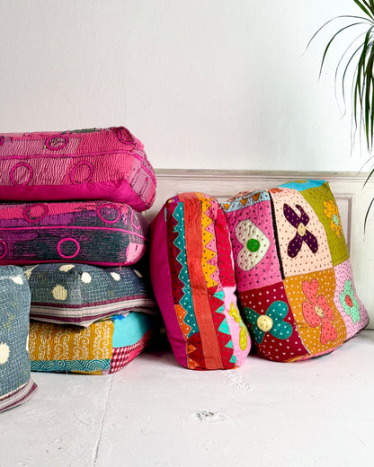 Large Square Kantha Floor Cushion Cover With Pink Circles