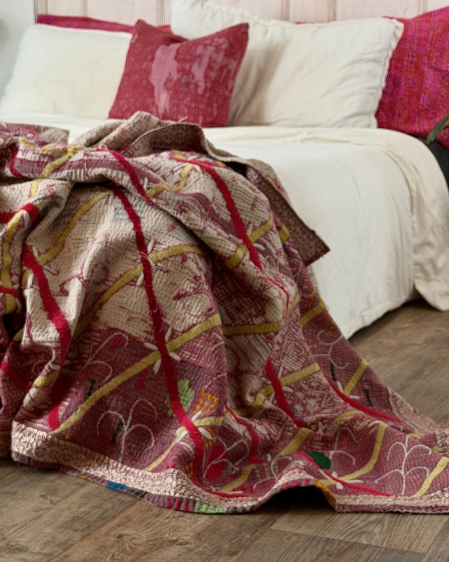 Embroidered Vintage Kantha Quilt in White and Pink - Biggs & Hill