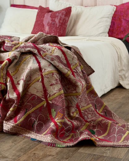 Embroidered Vintage Kantha Quilt in White and Pink - Biggs & Hill