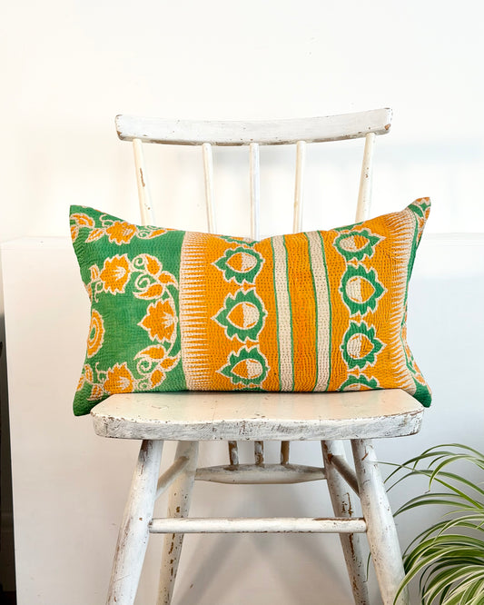 Vintage Kantha Cushion In Green and Orange - Small Rectangular