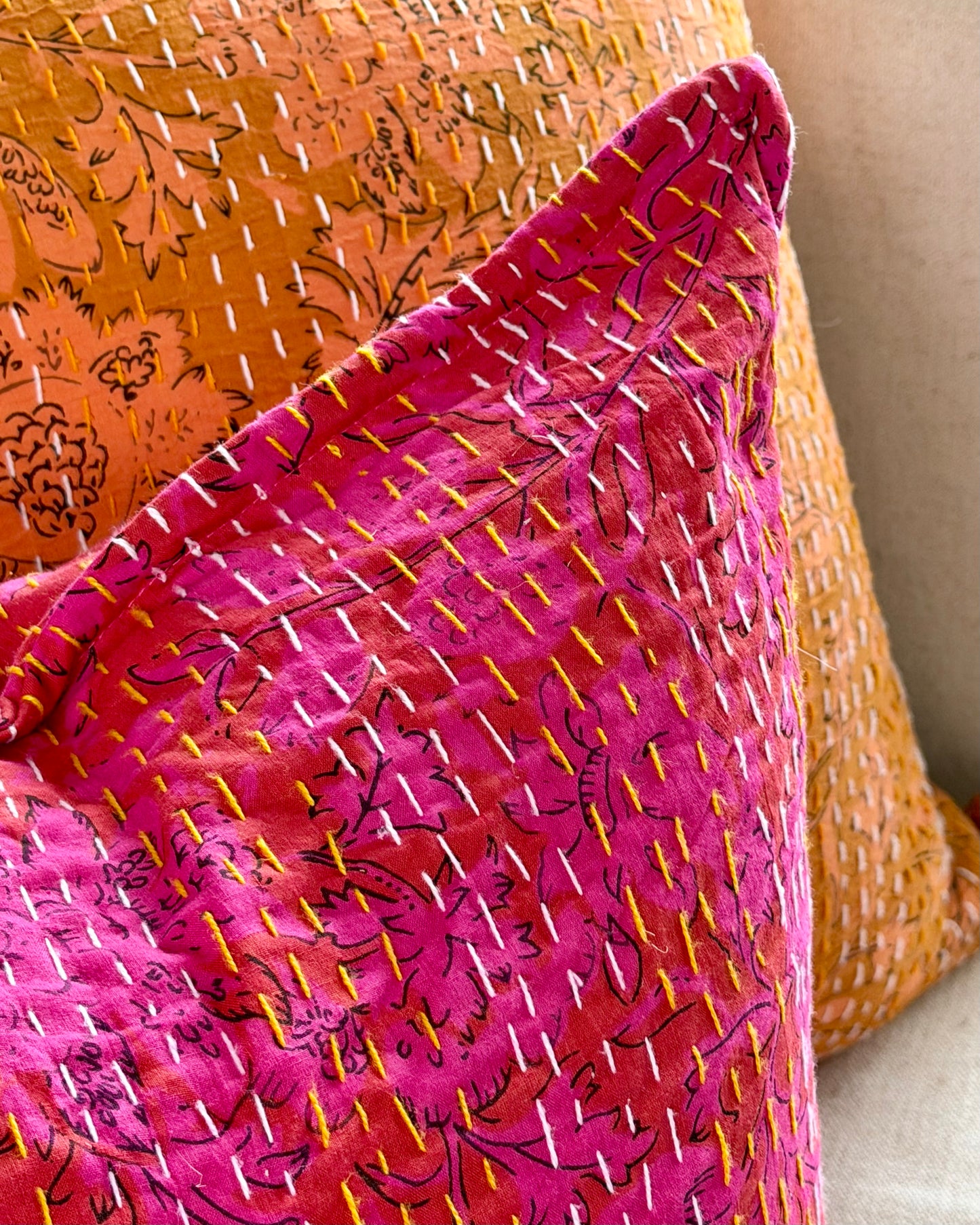 Pink Floral Block Printed Hand Stitched Square Kantha Cushion