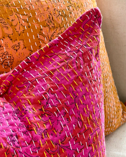 Pink Floral Block Printed Hand Stitched Square Kantha Cushion