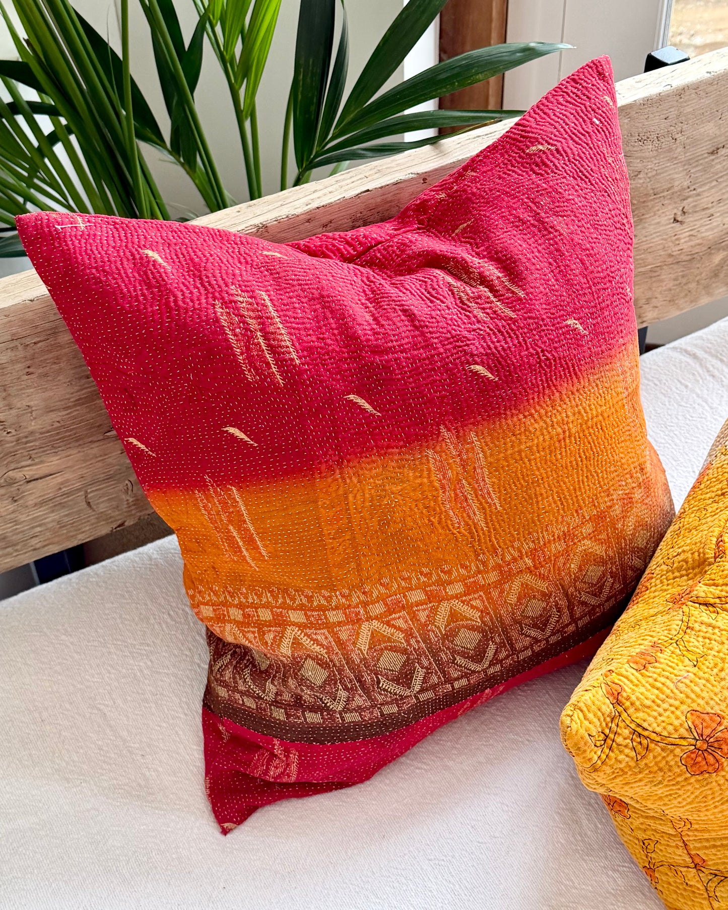 Vintage Kantha Cushion In Sunset Red and Orange - 45cm Square