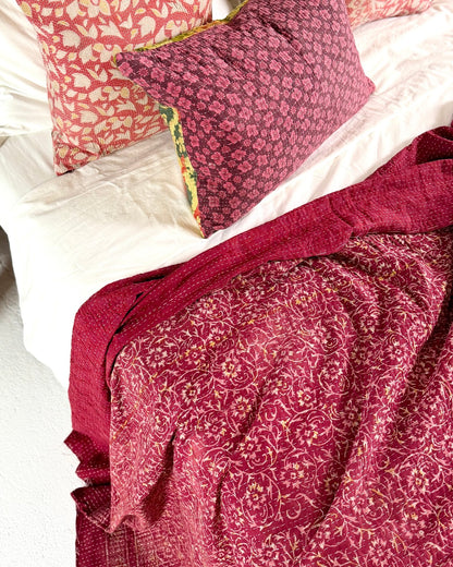 Ajrakh Printed Vintage Kantha Quilt in Deep Red - Biggs & Hill