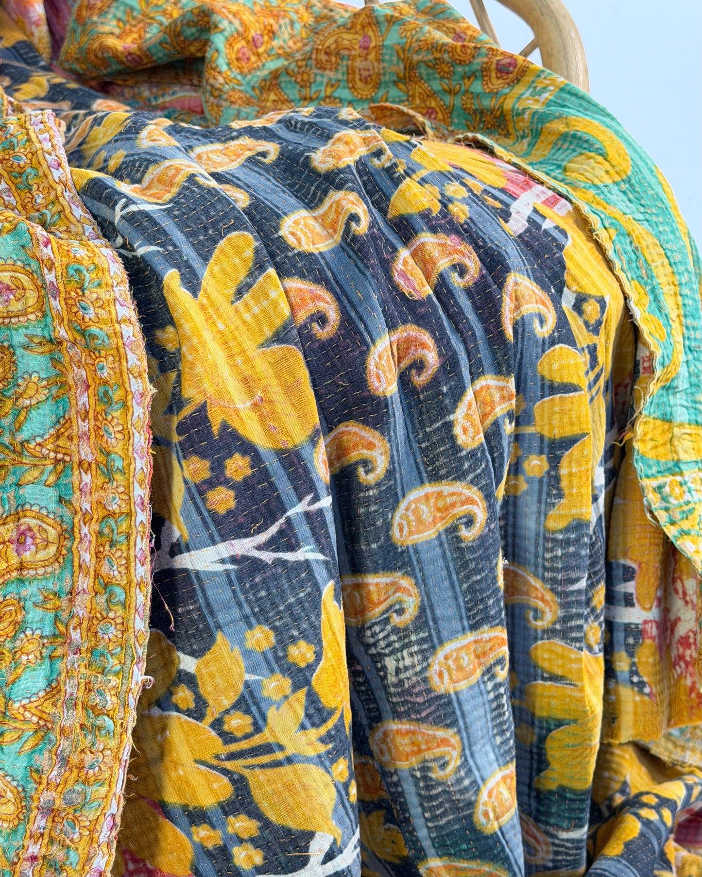 Extra Large Large Fine Stitched Vintage Kantha Quilt in Orange and Navy Blue