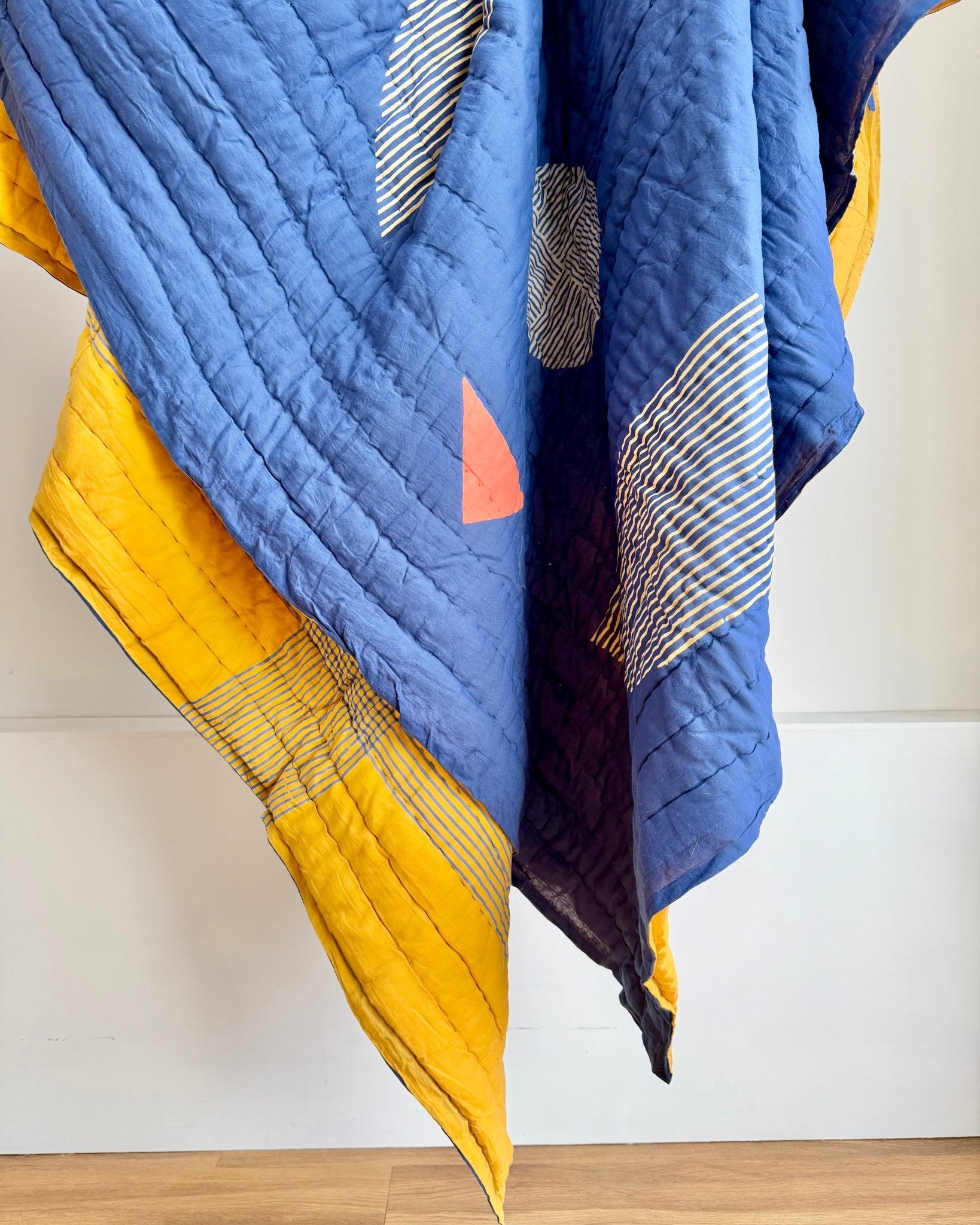 Quilted Kantha In Blue and Yellow With Geometric Patterns - SUPER KING - Biggs & Hill