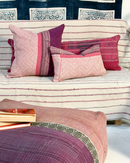 Vintage Kantha Cushion Cover In Pink and Purple - Small Rectangular