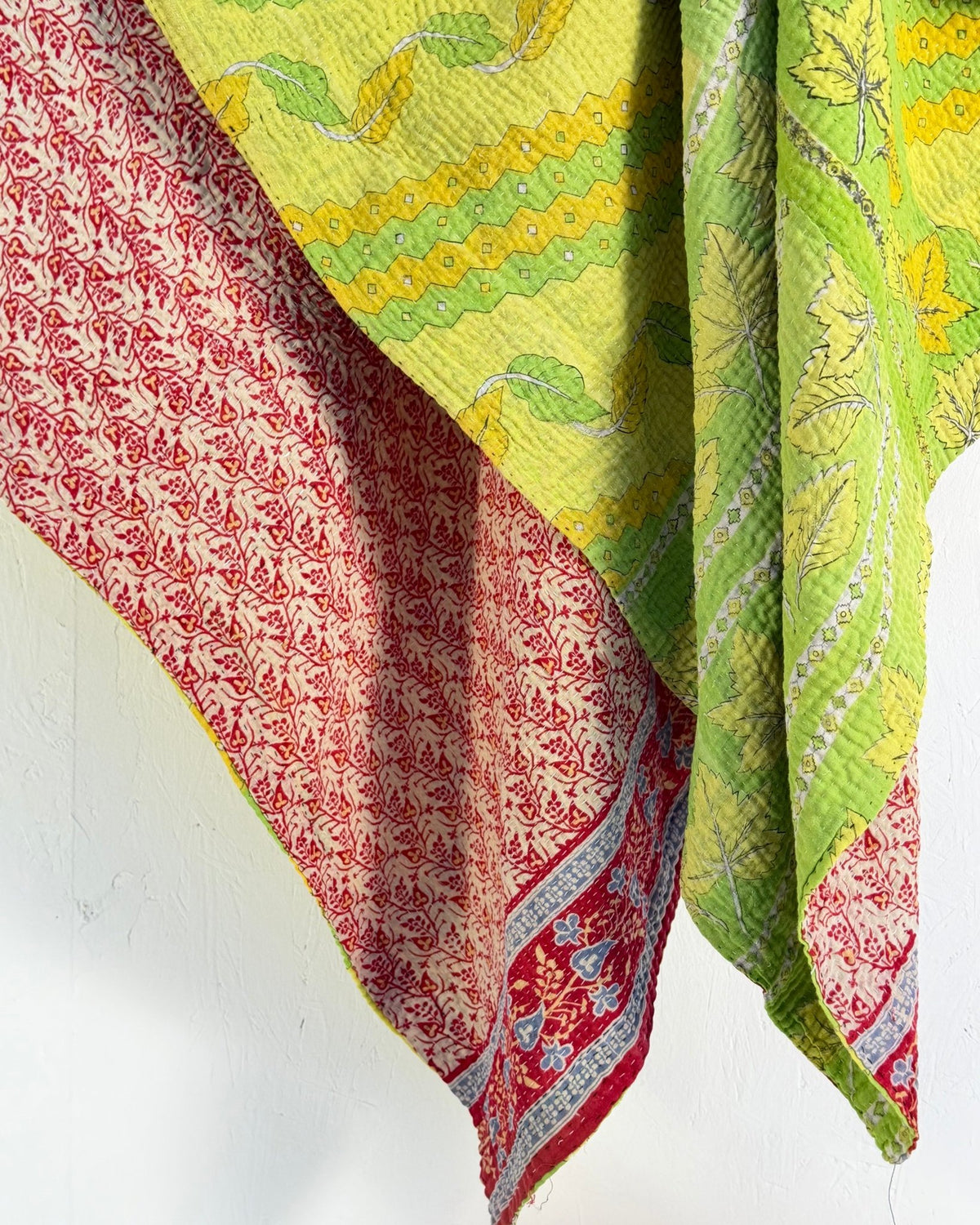 Large Fine Stitched Vintage Kantha Quilt in Bright Green and Red Floral - Biggs & Hill