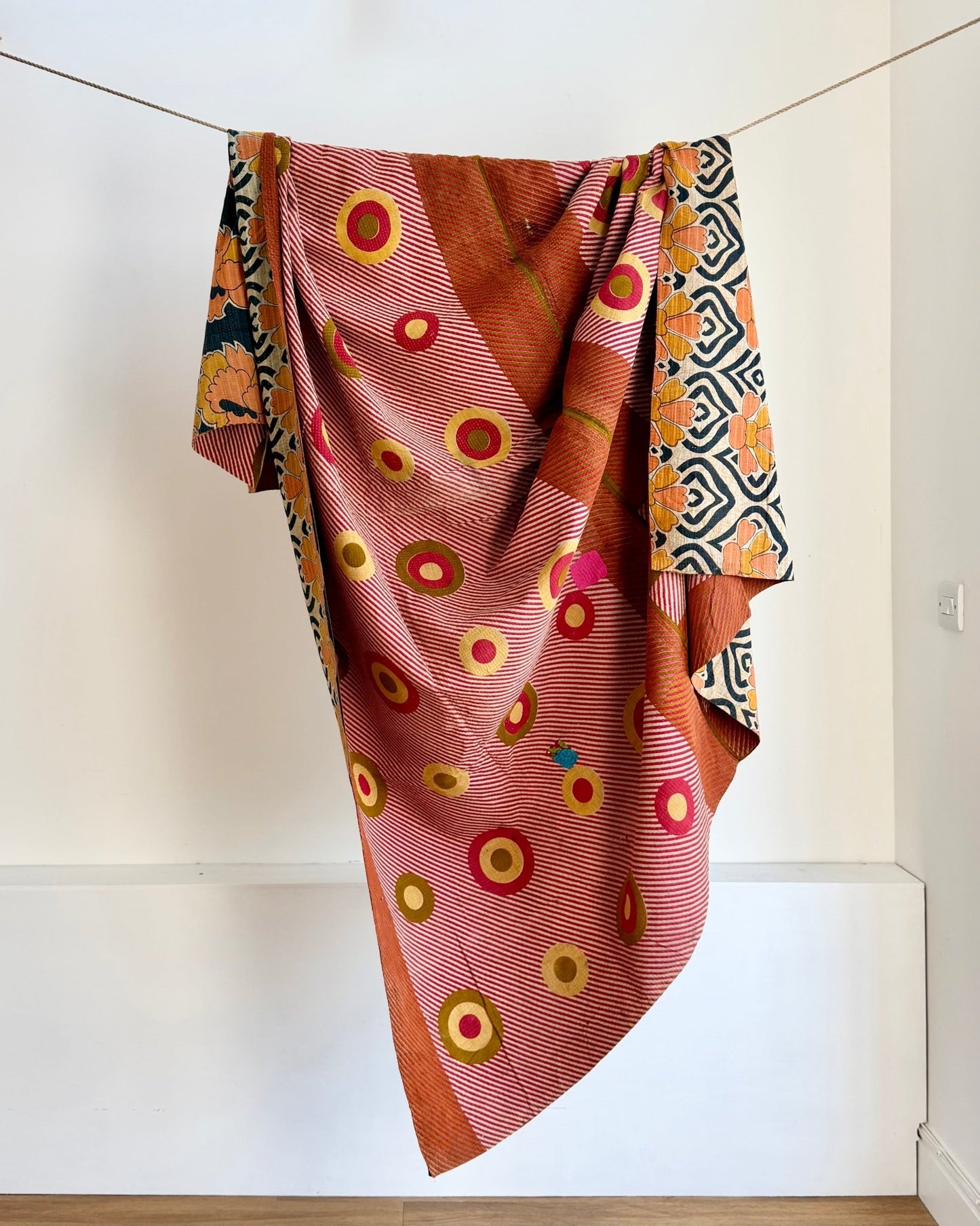 Extra Large Fine Stitched Vintage Kantha Quilt With Pink Dots and Navy Blue Patterns - Biggs & Hill